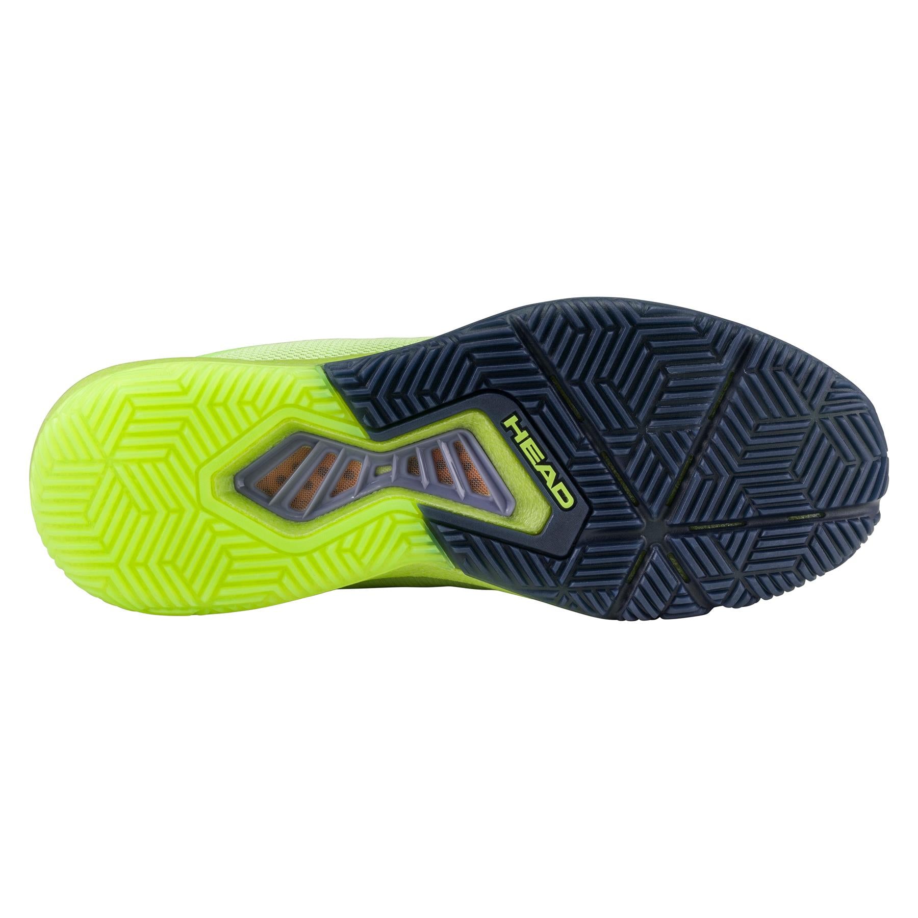 The image shows the sole of the HEAD Motion Pro Men's Padel Shoes in lime and navy with a geometric tread pattern. A small transparent area, enhancing breathability, features the "HEAD" branding, emphasizing its padel shoes design.