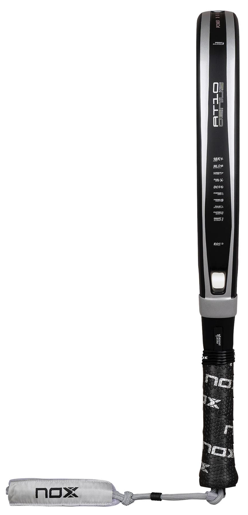 The NOX Luxury AT10 Genius Attack 18K Alum By Agustin Tapia 2026 Padel Racket features a black and silver design, white NOX branding, detailed specs on the side, gray wrist strap, and is made with 18K aluminised carbon.