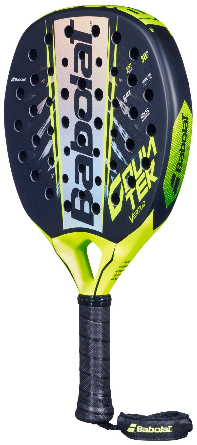 The Babolat Counter Vertuo 2.6 Padel Racket features a black and neon yellow design, a perforated textured face, and a cushioned black grip with an attached wrist strap—ideal for defensive players.