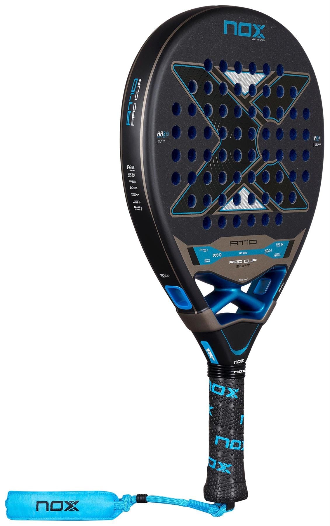 The NOX AT10 Pro Cup Soft By Agustín Tapia 2026 Padel Racket features a black design with blue accents, a perforated face, X graphic, and matching blue grip and wrist strap inspired by Agustín Tapia.