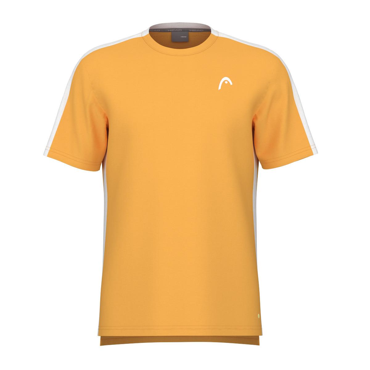 The HEAD Vision Slice Men's Padel T-Shirt in banana yellow features a breathable mesh back and a small white logo on the front. It has white stripes along the shoulders, sleeves, and a round neckline, utilizing Moisture Transfer Microfiber technology for ultimate comfort.