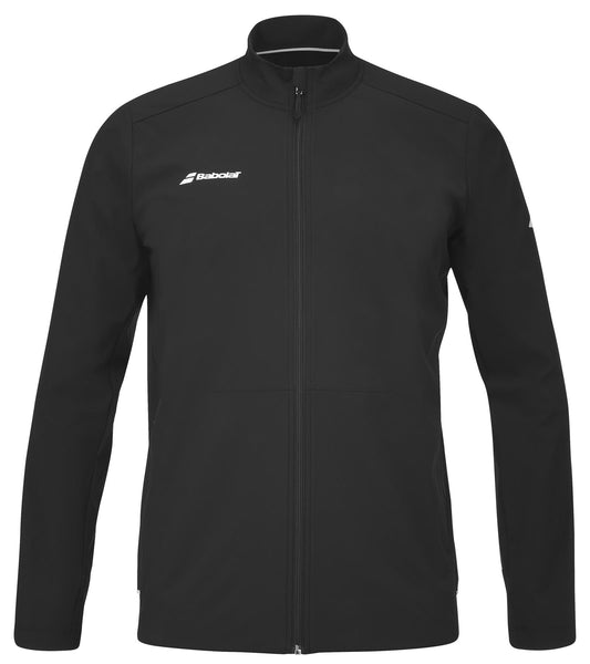 The Babolat Play Men's Padel Jacket in black is a zip-up jacket with long sleeves and a high collar, featuring the brand's logo on the left chest and right sleeve. Crafted using Fiber Dry technology, its minimalist and stylish design makes it ideal for both athletic activities and casual outings.