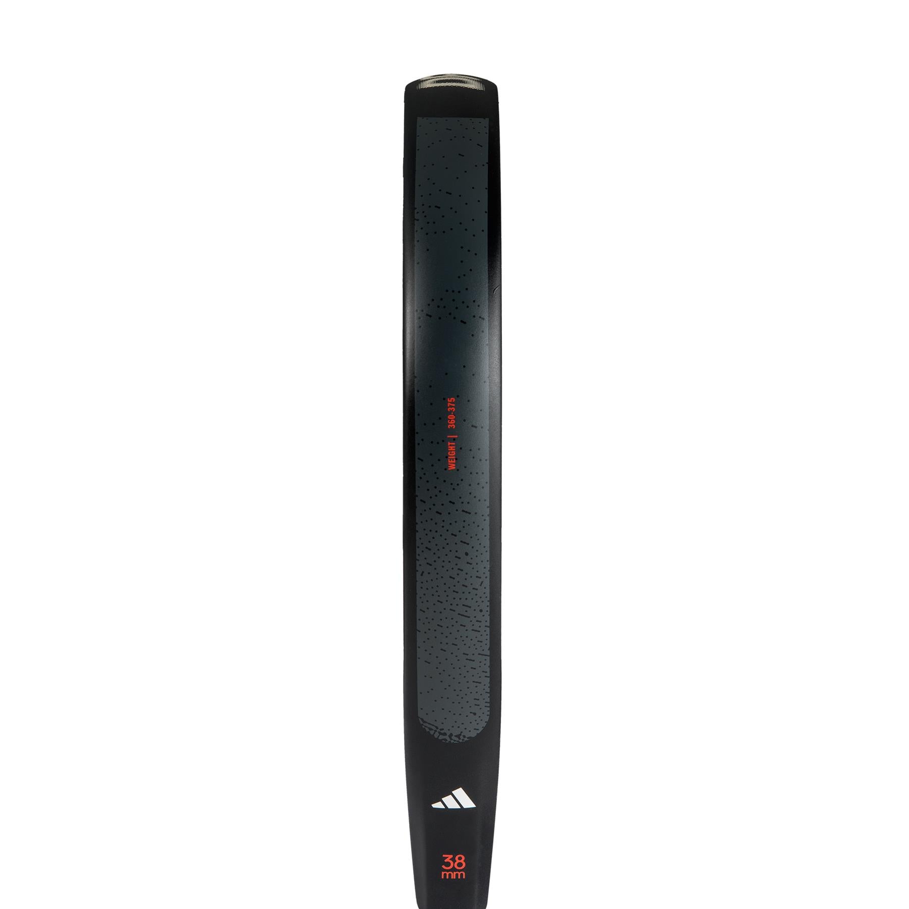 Close-up of the adidas Drive Black 3.4 Padel Racket's black blade, ideal for beginners, showing its dotted textured surface with red "38 mm" text next to a three-striped white logo, reminiscent of a fibreglass padel racket.
