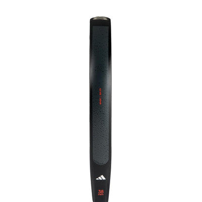 Close-up of the adidas Drive Black 3.4 Padel Racket's black blade, ideal for beginners, showing its dotted textured surface with red "38 mm" text next to a three-striped white logo, reminiscent of a fibreglass padel racket.