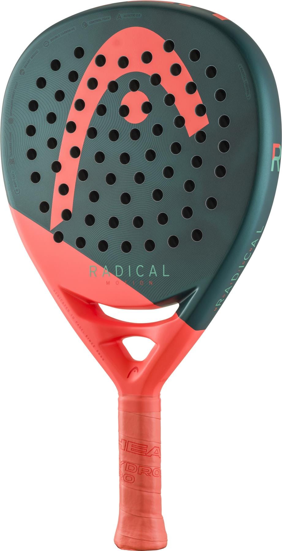 The HEAD Radical Motion 2026 Padel Racket by HEAD features a striking green and orange design with a large curved logo, perforated holes, and "RADICAL" text. Lightweight and stylish, it’s ideal for advanced players seeking top performance.