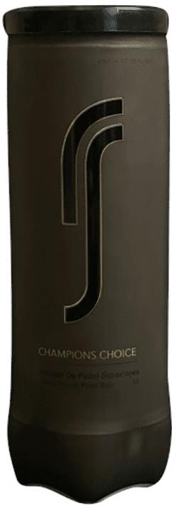 A sleek black tube with a bold "C" and "J" logo in gold, labeled "Robin Soderling RS Champions Choice Padel Balls - 3 Ball Tube," reflects the modern, professional quality of RS padel balls inside.