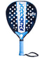 The Babolat Air Origin Padel Racket - Blue features a round shape, multiple holes, light blue grip with wrist strap, and bold Babolat branding—ideal as a beginner padel racket.