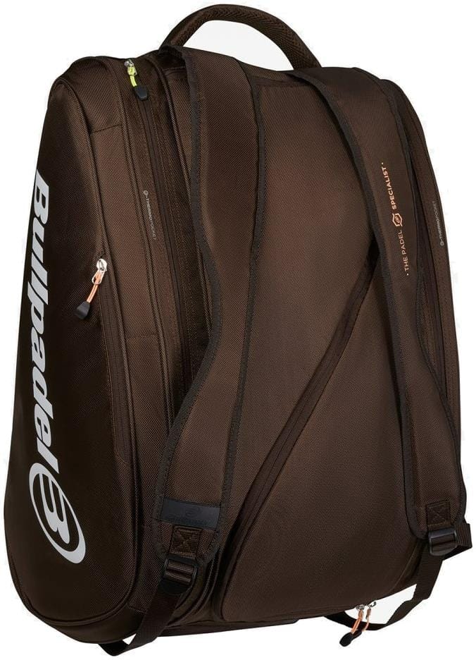 The Bullpadel BPP26024 Wonder 2026 Padel Racket Bag - Chocolate is a large bag with two padded shoulder straps, multiple zippered compartments (including thermal ones), and features the Bullpadel logo in white on the side.