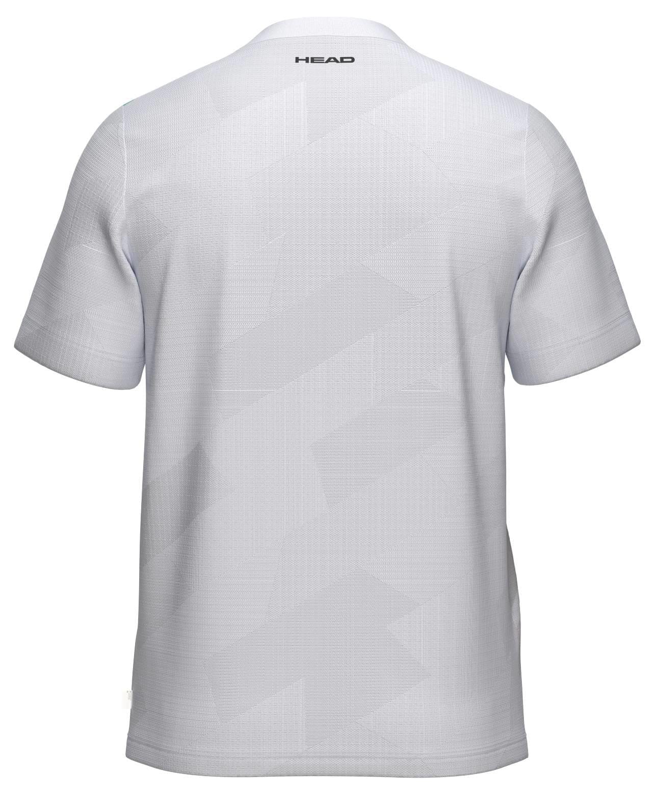 A back view of the HEAD Pro Mens Padel T-Shirt - WHXP by HEAD: a plain white, breathable shirt with a subtle geometric pattern and "HEAD" printed near the collar.