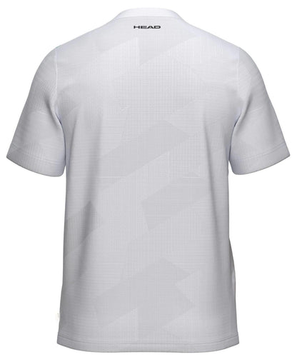 A back view of the HEAD Pro Mens Padel T-Shirt - WHXP by HEAD: a plain white, breathable shirt with a subtle geometric pattern and "HEAD" printed near the collar.
