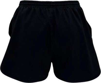 The Yonex YST2024 Womens Padel Shorts in black feature breathable sports fabric, an elastic waistband, and side pockets, shown against a white background.