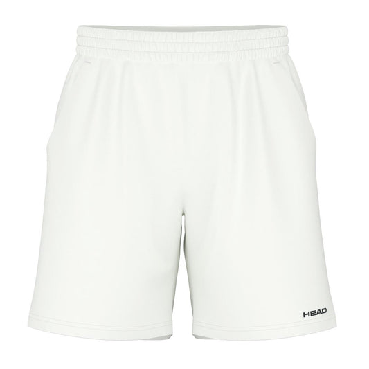 HEAD's Vision Power Mens Padel Shorts in white offer a 4-way stretch for optimal movement, come with an elastic waistband and side pockets. The black printed "HEAD" logo on the lower left leg adds a stylish touch, while moisture transfer technology keeps you cool and dry.