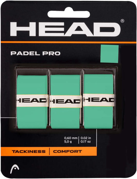 Three mint HEAD Padel Pro Overgrips (3 Pack) are packaged in a black and orange blister with the HEAD logo, labeled for tackiness and comfort, providing a reliable grip.
