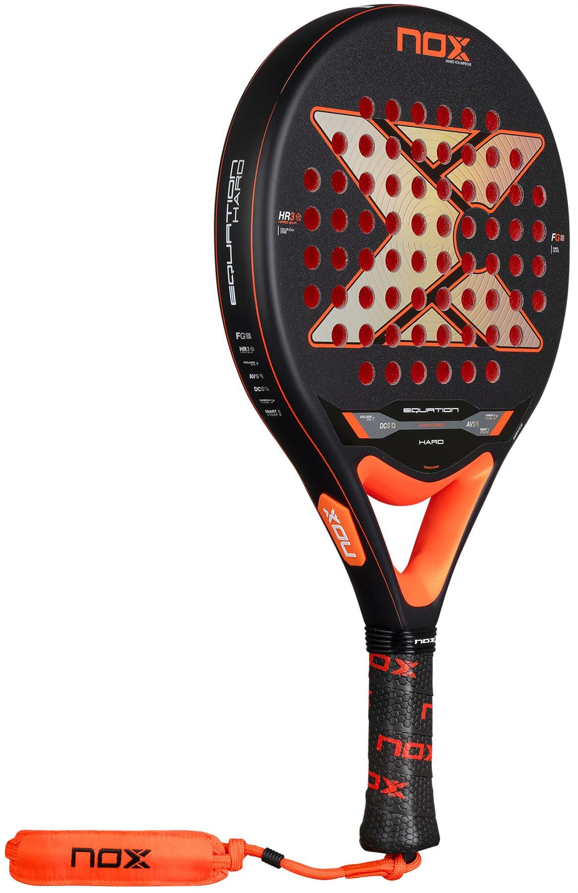 The NOX Equation Hard Advanced 2026 Padel Racket by NOX comes in black and red with an orange X on the face, a matching orange wrist strap, and an advanced anti-vibration system for improved comfort and performance.