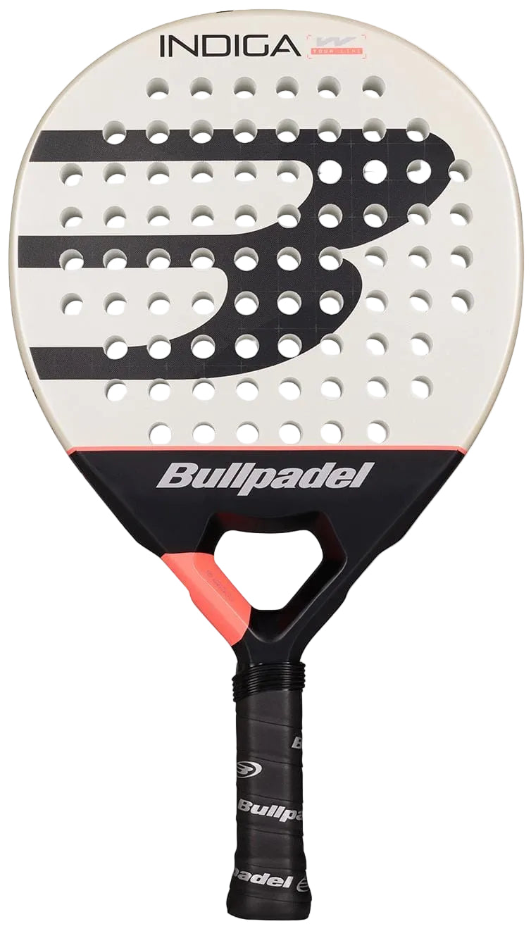 The Bullpadel Indiga W 2026 Padel Racket is a lightweight women's racket with a white face, bold black and gray graphics, a black handle with pink at the neck, and "Bullpadel" displayed on the throat.