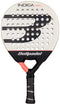 The Bullpadel Indiga W 2026 Padel Racket is a lightweight women's racket with a white face, bold black and gray graphics, a black handle with pink at the neck, and "Bullpadel" displayed on the throat.