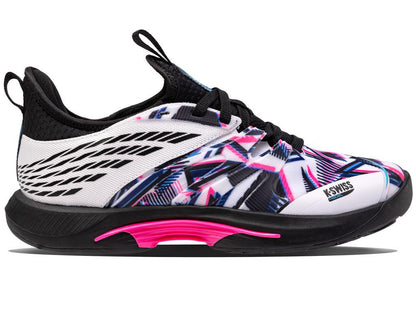 Introducing the K-Swiss Speedtrac Padel Shoes: an athletic shoe designed with a striking abstract pattern in neon pink, black, and blue on the upper. Equipped with an Ortholite insole for enhanced comfort and featuring a durable black AÖSTA 7.0 sole, these shoes seamlessly blend dynamic design with a modern sporty aesthetic.