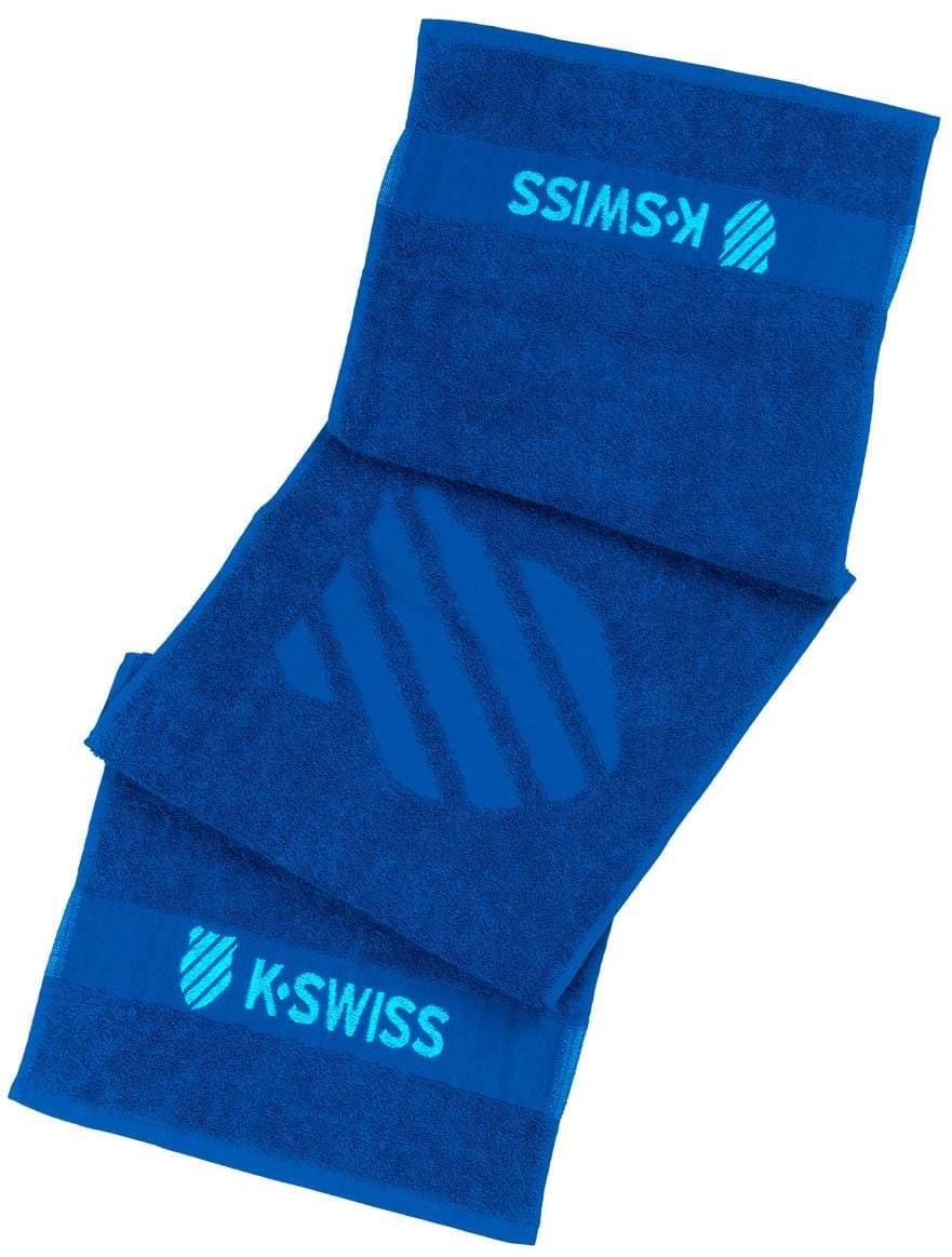 Three Brunner Blue K-Swiss 60 Year Anniversary Towels are stacked diagonally, each showcasing the K-Swiss logo and text in light blue. Made from 100% cotton, they're perfect tennis collectibles for fans and players.