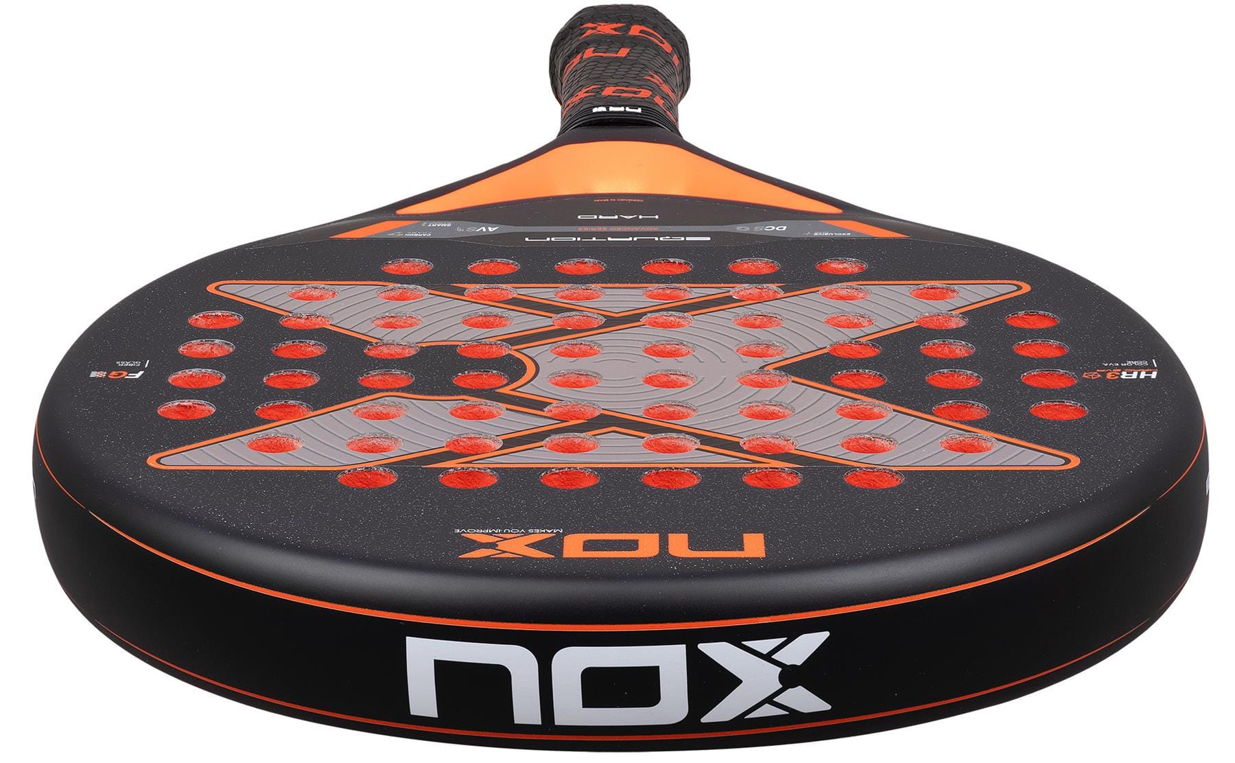 Close-up of the NOX Equation Hard Advanced 2026 Padel Racket by NOX, featuring a black and orange design, anti-vibration system, and large "X" with red circles. Branding appears on the handle and round paddle face.