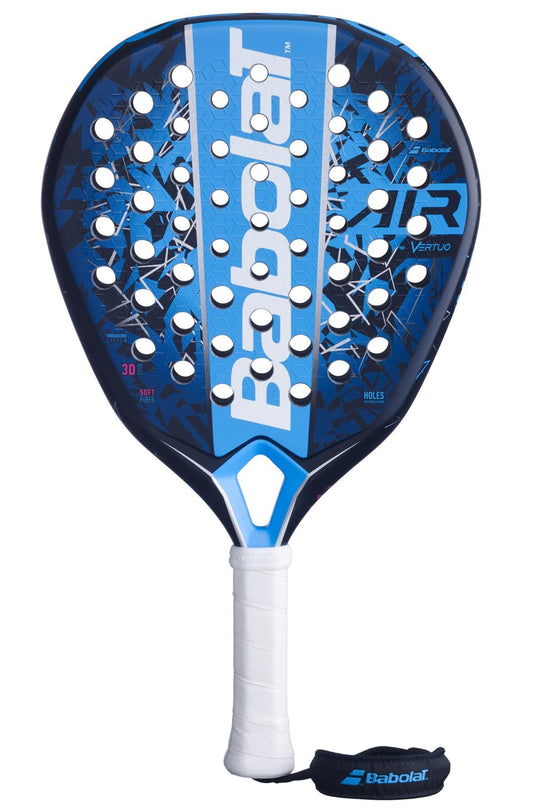 The Babolat Air Vertuo 2.5 Padel Racket in blue and black features a white handle and wrist strap, circular holes on the face, bold white Babolat branding at the center, and a lightweight design for easy maneuverability.
