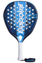 The Babolat Air Vertuo 2.5 Padel Racket in blue and black features a white handle and wrist strap, circular holes on the face, bold white Babolat branding at the center, and a lightweight design for easy maneuverability.
