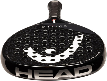The HEAD Coello Vibe 2025 Padel Racket in black features the white HEAD logo, circular holes on the hitting surface, and a textured grip—perfect for beginners.