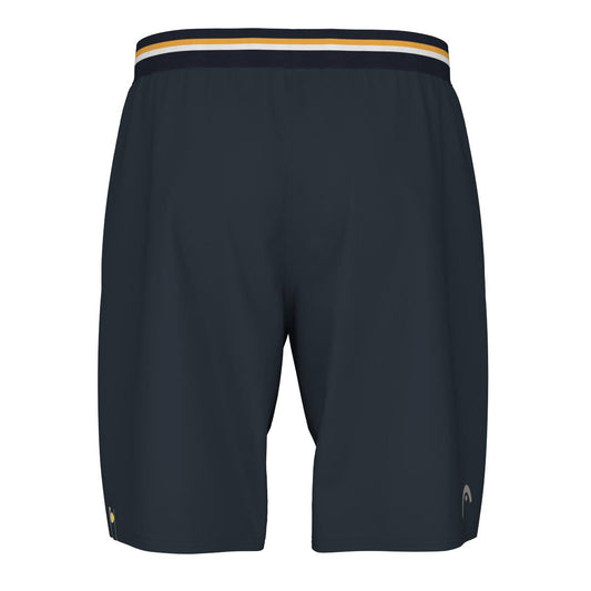 The HEAD Performance Men's Padel Shorts in navy are showcased with a black elastic waistband adorned with white and gold stripes. These shorts feature a small logo near the hem and are crafted from lightweight fabric with 4-way stretch, incorporating moisture transfer technology for optimal comfort.