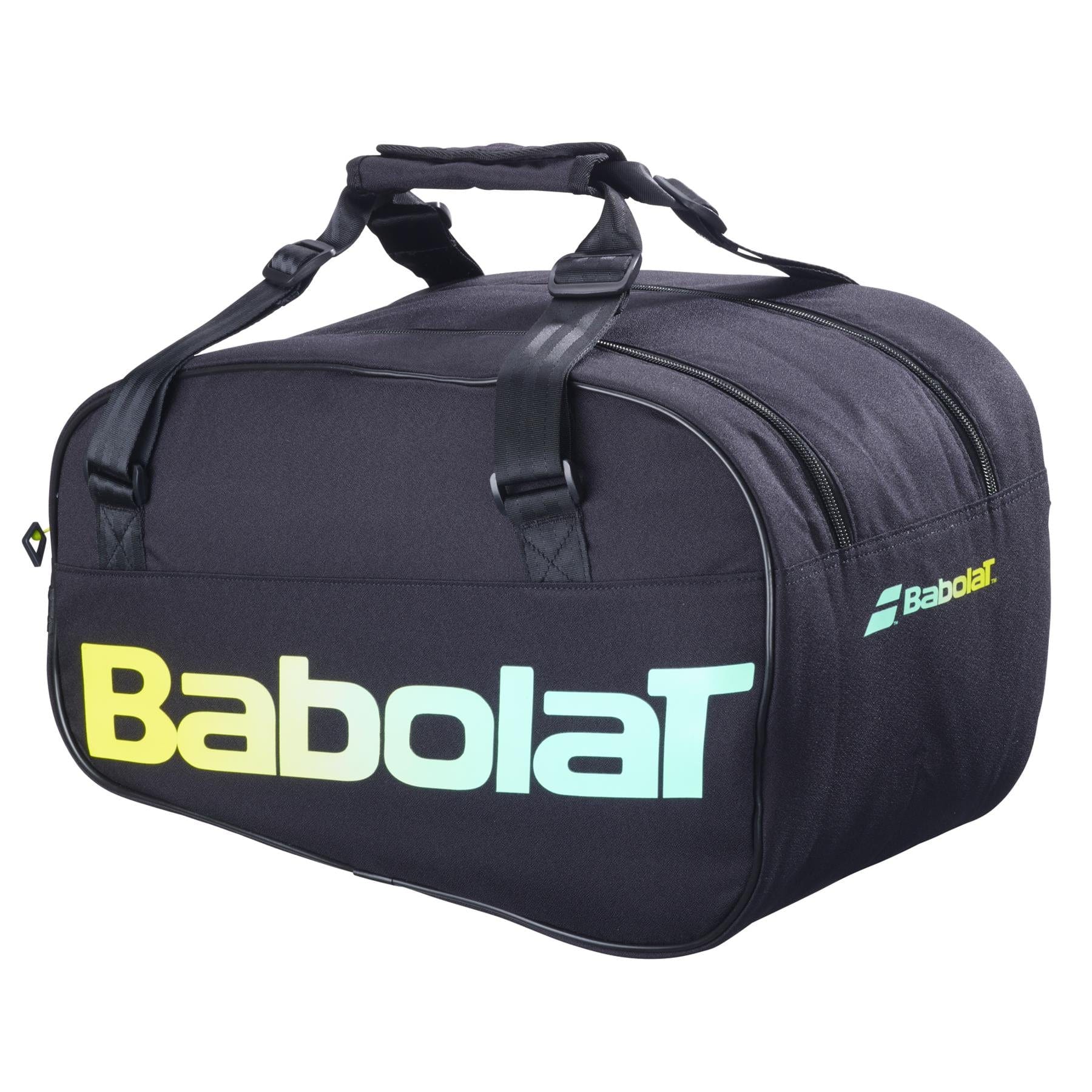 The Babolat Court S Padel Racket Bag - Black / Multi features the colorful Babolat logo, two handles, a shoulder strap, a zippered main compartment, and sturdy recycled polyester construction for your padel gear.