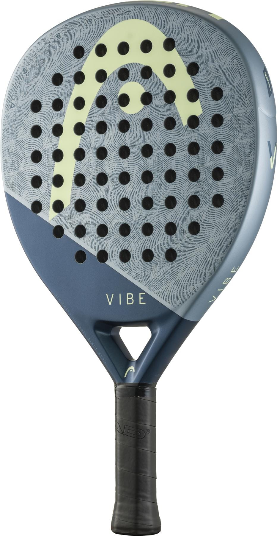 The HEAD Vibe 2026 Blue / Yellow Padel Racket features a fibreglass hitting surface, black grip, yellow curved logo, and multiple round holes on the blue and gray racket face.