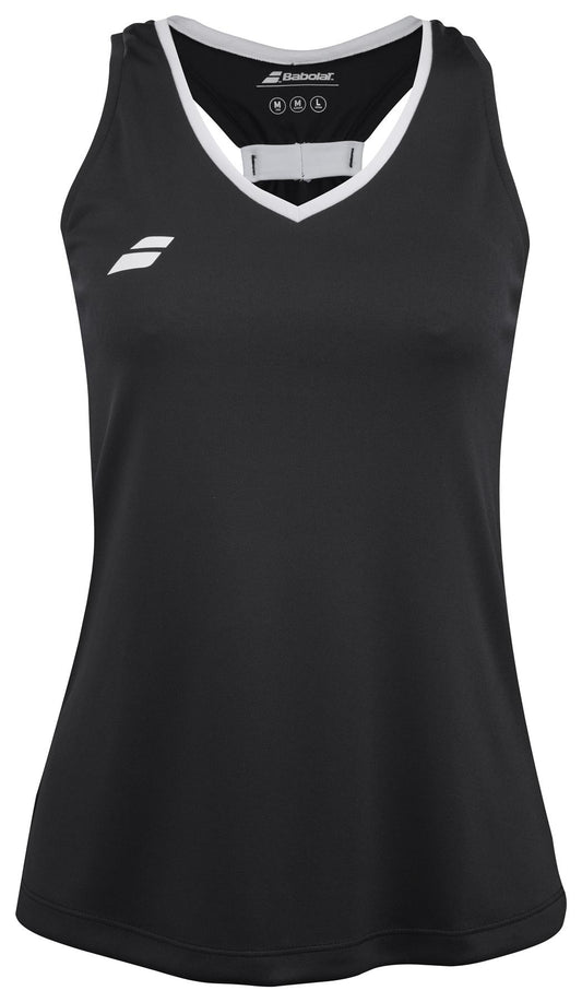 Check out the Babolat Play Women's Padel Tank Top in black, featuring a Fiber Dry polyester fabric and white neckline trim. This sleeveless athletic top sports a small white logo on the upper left chest, making it ideal for your next padel match.