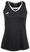 Check out the Babolat Play Women's Padel Tank Top in black, featuring a Fiber Dry polyester fabric and white neckline trim. This sleeveless athletic top sports a small white logo on the upper left chest, making it ideal for your next padel match.