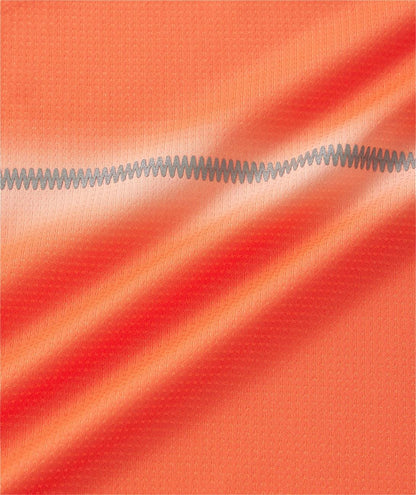 Close-up of orange performance fabric with a subtle grid texture and a wavy gray stitched line, seen on the Yonex 10711YX Crew Neck Men's Padel T-Shirt in Cyber Orange by Yonex.