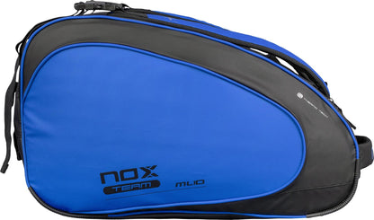 The NOX ML10 Team Padel Racket Bag in black and blue, featuring a curved design, zipper compartments, and top handle, is perfect for carrying your rackets and sports equipment.
