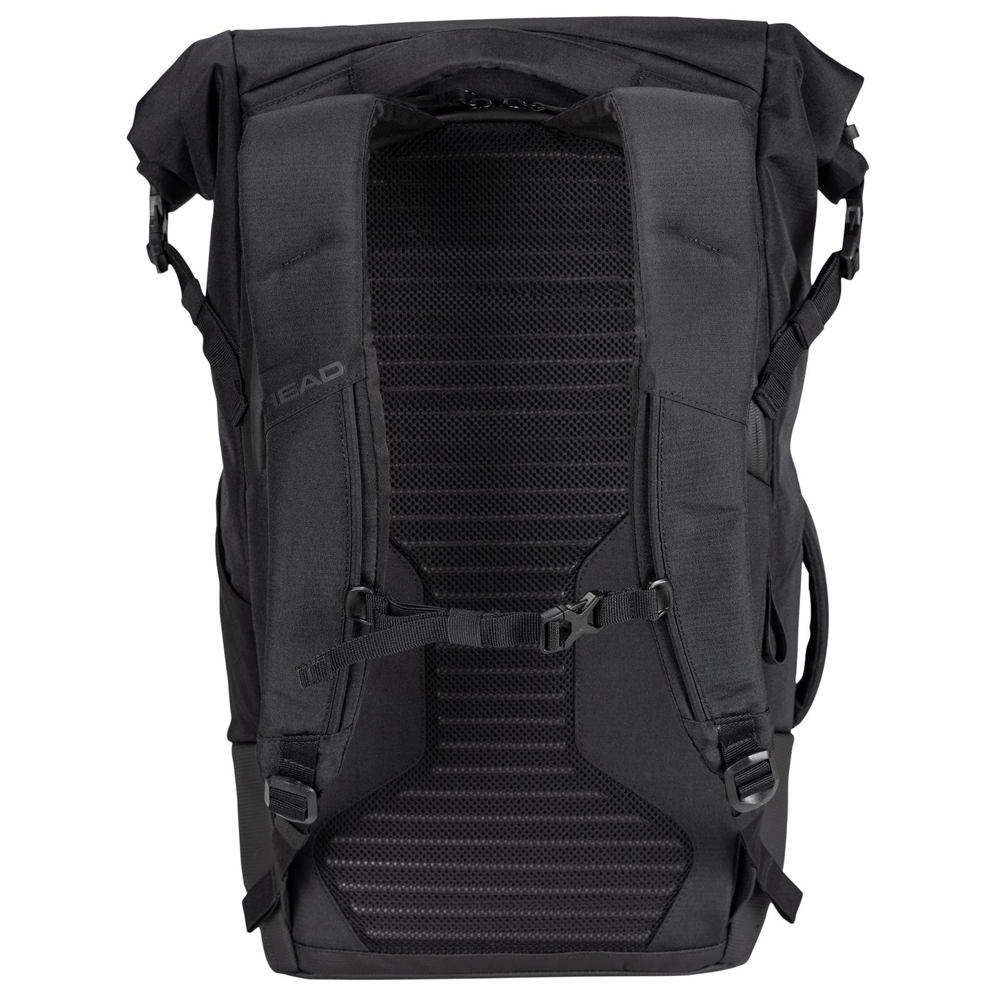 The HEAD Pro X Raqpack Padel Backpack - Black is designed with a racket compartment and features padded shoulder straps, a chest strap, and a mesh back panel for ventilation. It also includes a roll-top opening and side compression straps to keep your gear secure and organized.