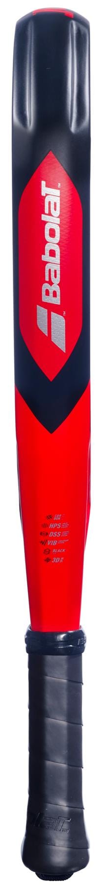 A red and black Babolat Technical Veron 3.0 Padel Racket handle is shown vertically, highlighting the brand logo, textured grip, and sleek CarbonFlex-inspired design.