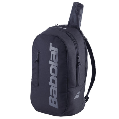 The Babolat Court Lite Padel Backpack - Black features the brand's bold vertical logo and fits a padel racket in its main compartment—ideal for use as a versatile padel backpack or racket bag.