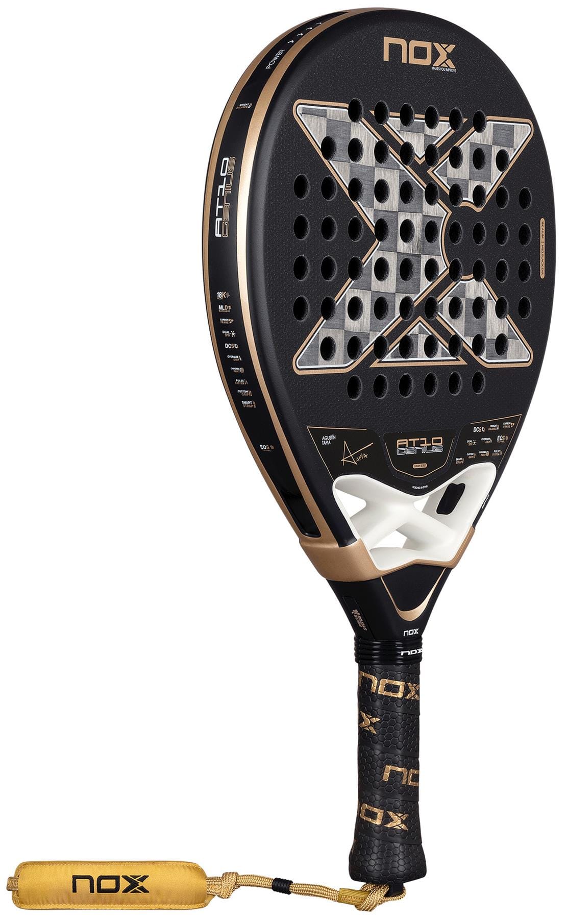 The NOX AT10 Genius 18K Alum By Agustín Tapia 2026 Padel Racket features a black and gold design, Dual Spin surface, perforated holes, yellow wrist strap, "X" center design, and the advanced NOX Weight Balance system for top performance.
