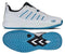 The K-Swiss Ultra Court Men's Padel Shoes in White, Black, and Blue Moon feature a breathable upper with "Ultra Court" on the side. The blue textured rubber sole provides excellent grip, and drag protection enhances quick movements on the court.