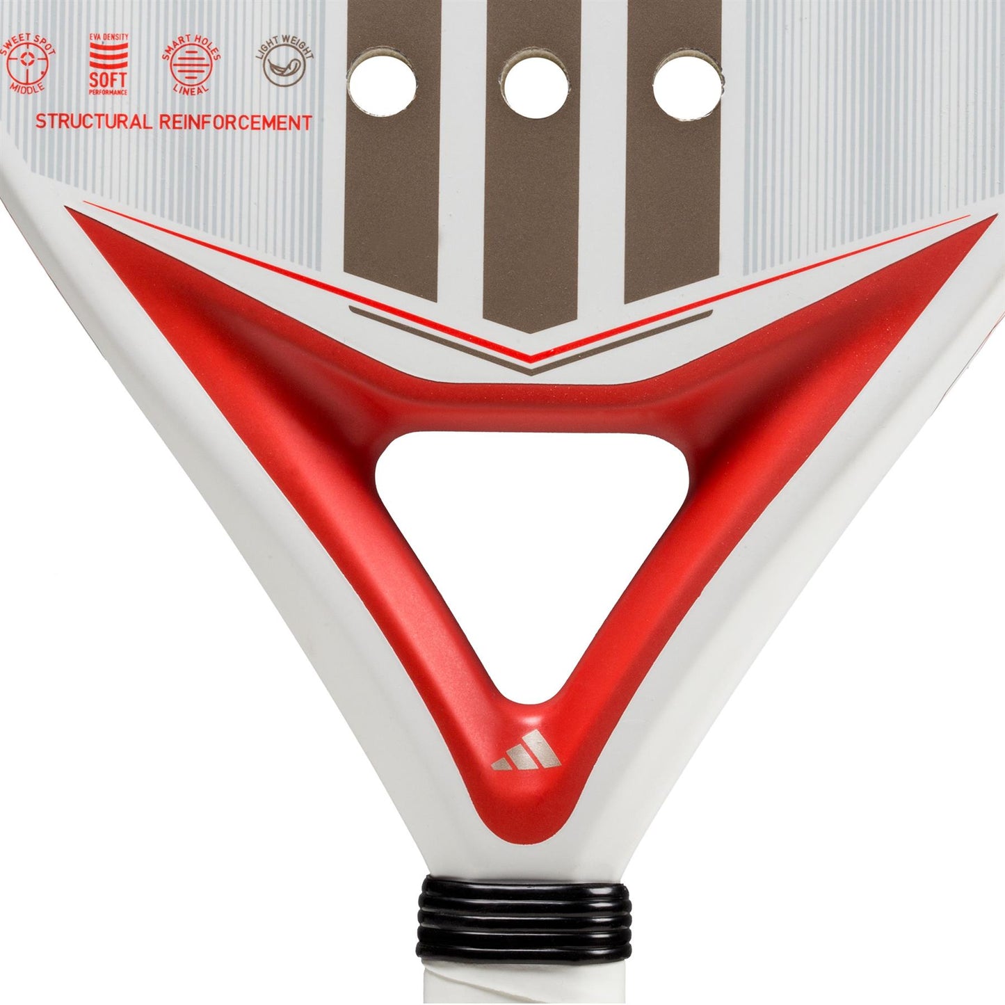 Close-up of a lightweight ADIDAS Match Light 3.4 Padel Racket in clear and red, featuring three small holes. Designed for beginners, it includes structural reinforcement text and symbols at the top with geometric brown and red patterns from adidas.