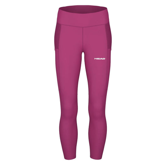 These vivid pink HEAD Vision Women's Tech Padel Tights Leggings showcase a high waistband and sporty design, featuring side pockets and the "HEAD" logo on the right leg.