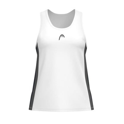 HEAD Club 25 Tech Women's Padel Tank Top in navy and white features subtle HEAD branding, moisture-wicking Microfiber fabric, and a racerback design. Shown on a plain white background.