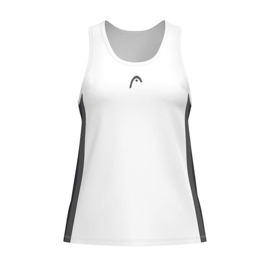 HEAD Club 25 Tech Women's Padel Tank Top in navy and white features subtle HEAD branding, moisture-wicking Microfiber fabric, and a racerback design. Shown on a plain white background.