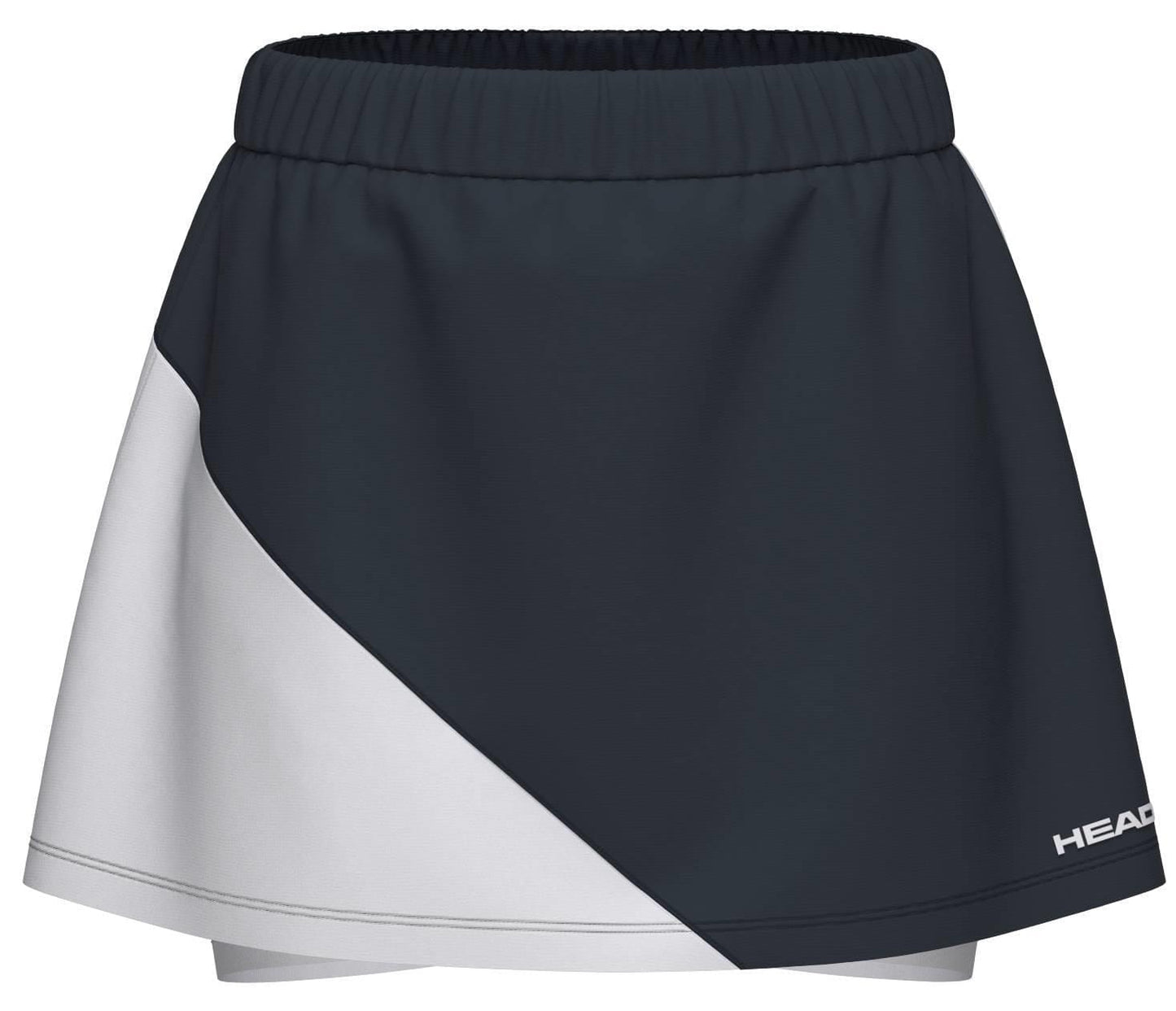 The HEAD Dynamic Womens Padel Skort in navy and white features an elastic waistband, diagonal color-block design, 4-way stretch fabric, and the "HEAD" logo on the lower right.