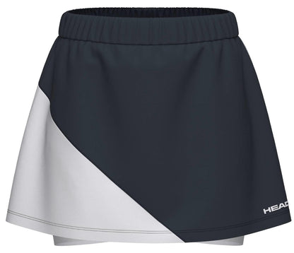 The HEAD Dynamic Womens Padel Skort in navy and white features an elastic waistband, diagonal color-block design, 4-way stretch fabric, and the "HEAD" logo on the lower right.