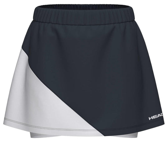 The HEAD Dynamic Womens Padel Skort in navy and white features an elastic waistband, diagonal color-block design, 4-way stretch fabric, and the "HEAD" logo on the lower right.