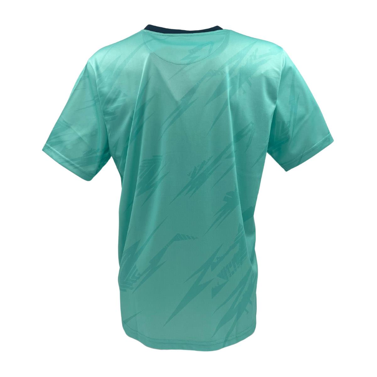 The Yonex YTM8 Men's Padel T-Shirt in mint and navy features a back view with abstract geometric patterns, short sleeves, and a round dark neckline. Made from breathable, moisture-wicking polyester, this shirt ensures comfort and style with every wear.