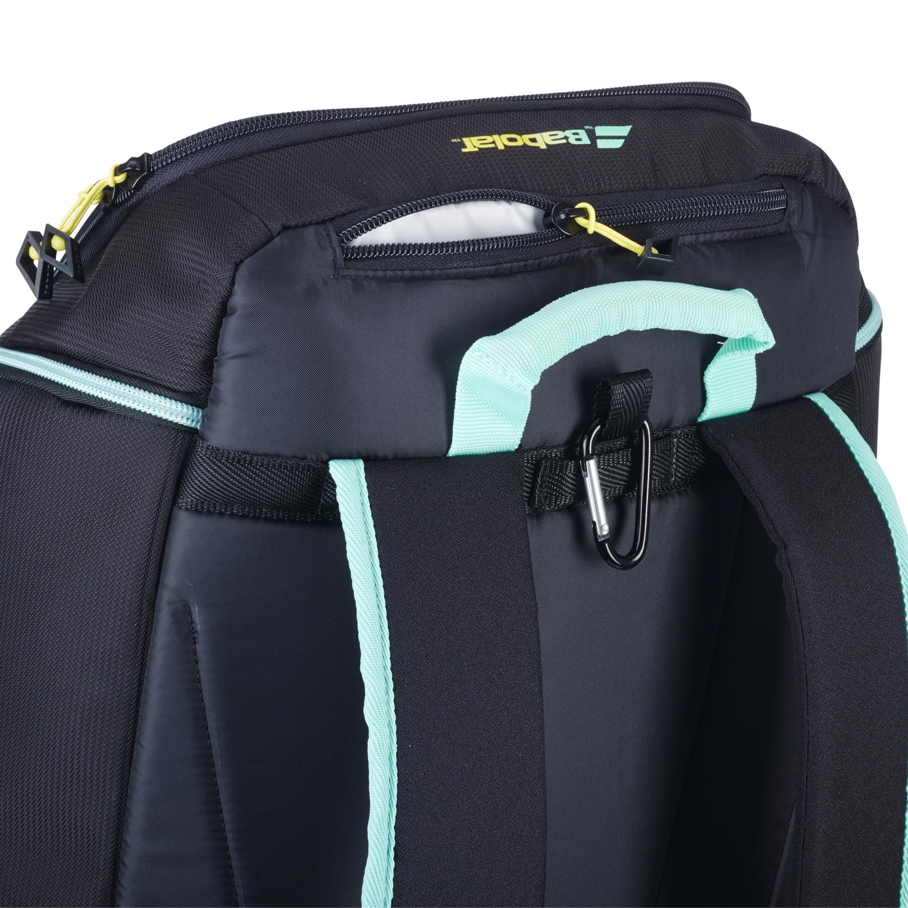 Close-up of the Babolat RH Perf Padel 2nd Gen Backpack in black/multi, featuring light blue straps, a carabiner clip, and yellow zipper pull—perfect for padel players seeking a high-performance bag from Babolat.