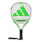 Introducing the ADIDAS Adipower Team Light 3.3 Padel Racket, a stylish choice for intermediate players. This white and green racket showcases a perforated design with a striking green triangle logo in the center, and features a black grip handle and wrist strap. The model name "Adipower Team Light" is elegantly printed on its surface.