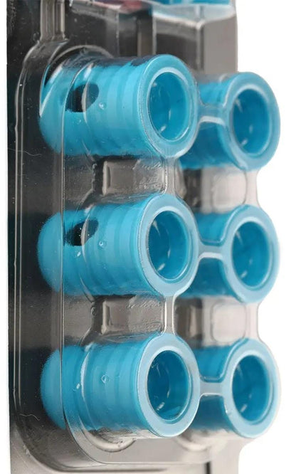 A close-up of a plastic blister pack holding six Bullpadel Ease Vibe Padel Dampeners in Sky Blue, each with ridged sides and hollow centers, arranged in two rows of three to reduce racket vibrations.