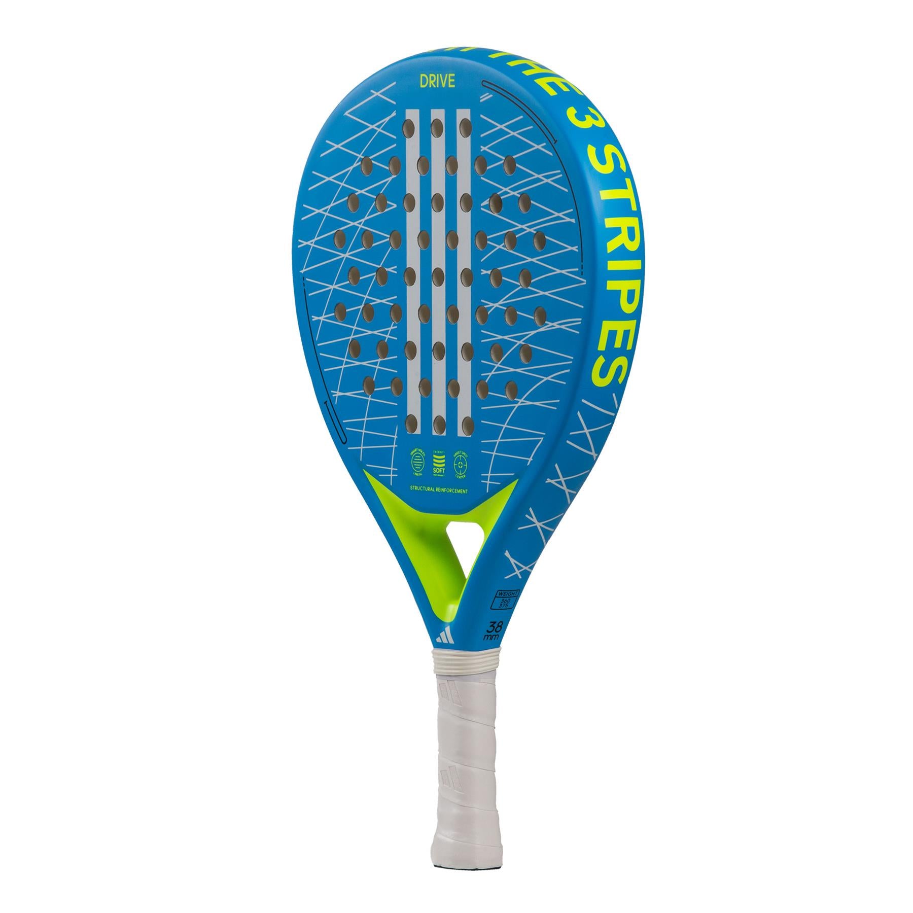 The ADIDAS Drive 3.3 Padel Racket from adidas is perfect for beginners, featuring a striking blue and green design complemented by white strings and grip tape. It is enhanced with soft performance EVA, and the bold "3 STRIPES" and "DRIVE" are etched on its surface for optimal playability.